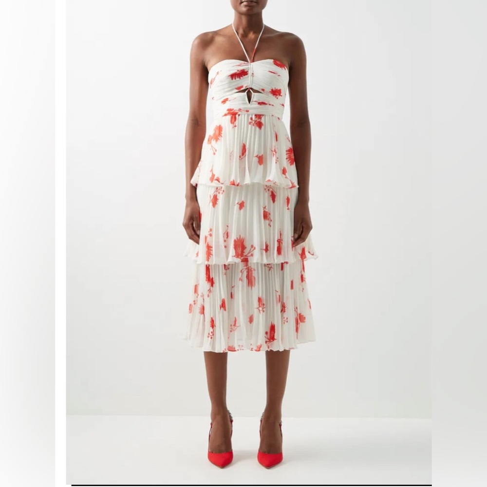 NEW Self-Portrait Wild Daisy Print White and Red Halterneck Tiered Dress Small